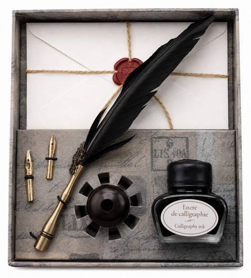 Ens. Calligraphie plume noire avec 2 pointes, encre 30ml, support en bois & 5 enveloppes