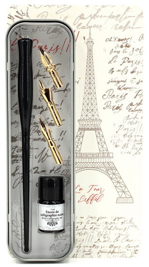 Ens. Calligraphie plume Noire avec 3 pointes et encrier 7ml