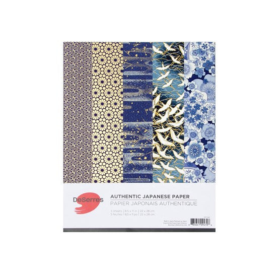 Ens. 5 papiers japonais bleu chiyogami - 8.5x11po