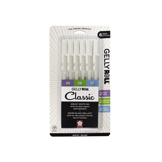 Set of 6 gel pens gelly roll white assorted tips