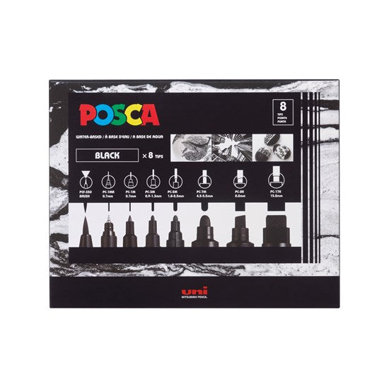 Set of 8 Posca Marker Varied Tips Black