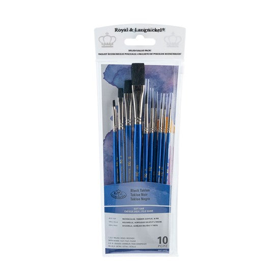 Set of 10 Black Taklon Brushes Flat/Round