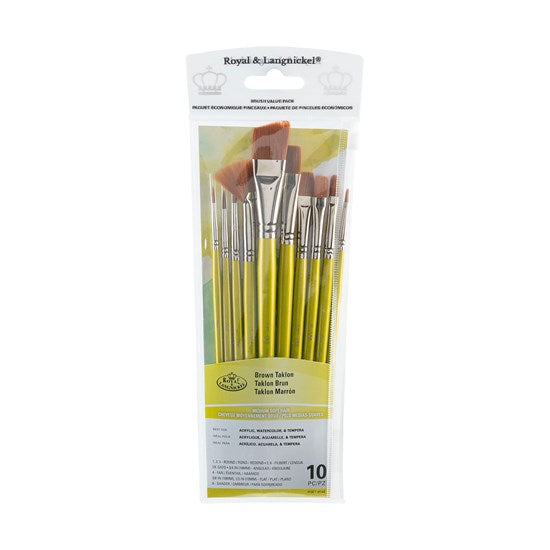Set of 10 Brown Taklon Brushes Angular/Round