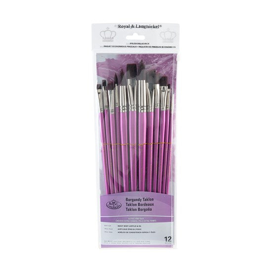 Ens. 12 pinceaux en taklon bordeaux assortis