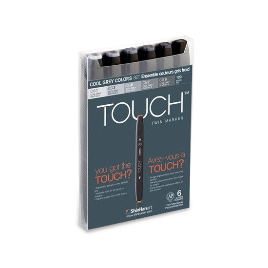 Ens. 6 marqueurs Touch double pointe gris froid