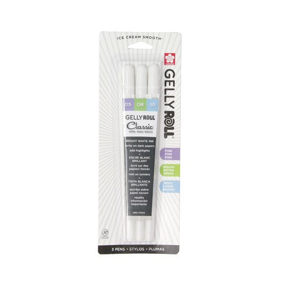 Ens. 3 stylos gel gelly roll blanc pointes assorties