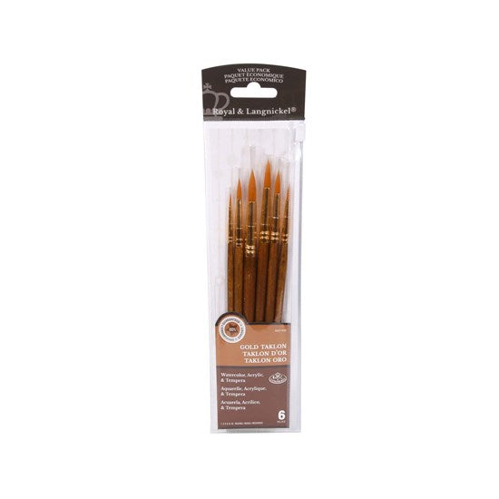 Set of 6 Gold Taklon Brushes Short Handle Round