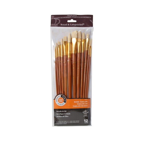 Ens. 12 pinceaux en taklon os à manche long plats