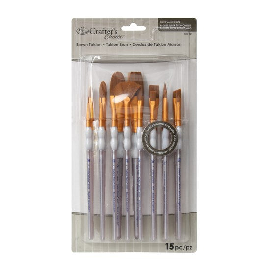 Ens. 15 pinceaux assortis en taklon brun