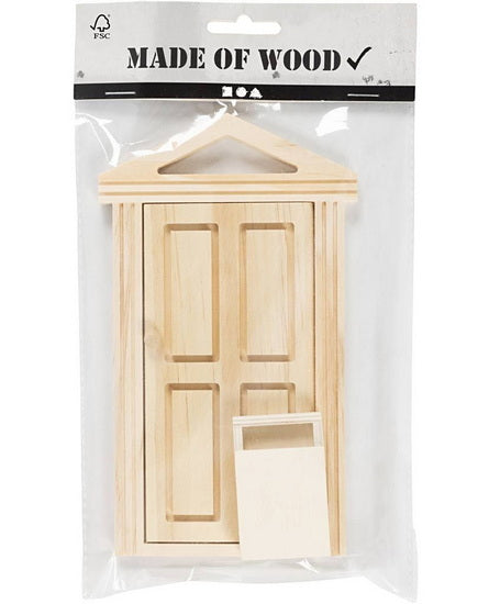 Nat wood door with cornice and mailbox