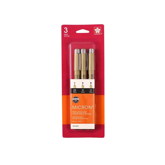 Set of 3 pens pigma micron tips 08, 10 and 12