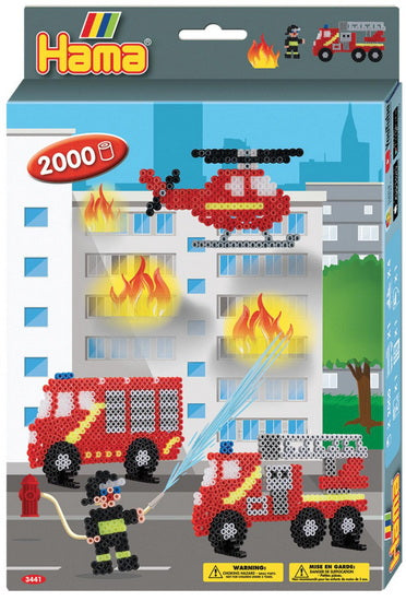 Hama Boîte Les pompiers. Env. 2.000 perles, 1 plaque camion.