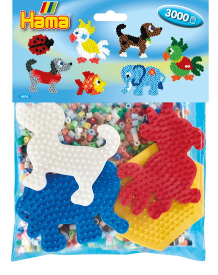 Hama Kit env. 3000 perles, 4 plaques: petite hexagonale,  petit éléphan, perroquet et petit chien.