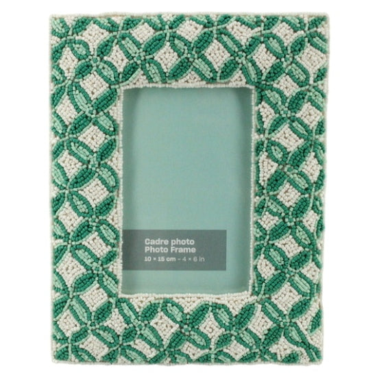 Green & ivory glass beads hand embroidered photo frame