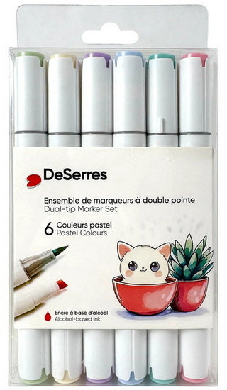 Ens. 6 marqueurs à alcool double pointe coul. pastels