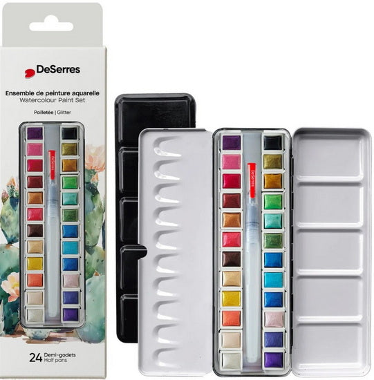 Ens. aquarelle pailletée 24 demi-godets