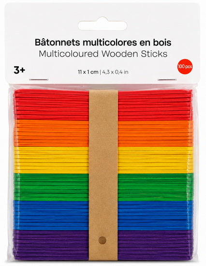 Set of 100 Wood Stick Multicolored  - 11x1cm