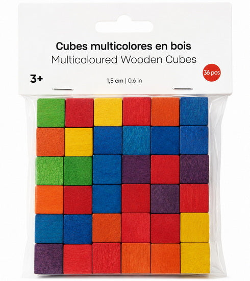 Ens. 36 cubes bois multicolores - 1.5cm