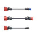 Detailansicht des CEE16A Steckers, CEE32A Steckers und des Haushaltsstrom Adapters, welche im go-e Travellerset enhalten sind.