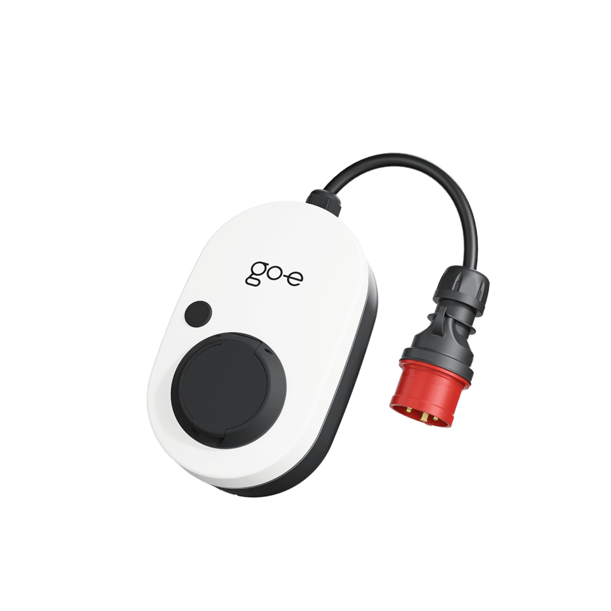Frontansicht der mobilen Wallbox go-e gemini flex 11kW (CH-04-11-01) mit Detailansicht des CEE16A Anschlusses.