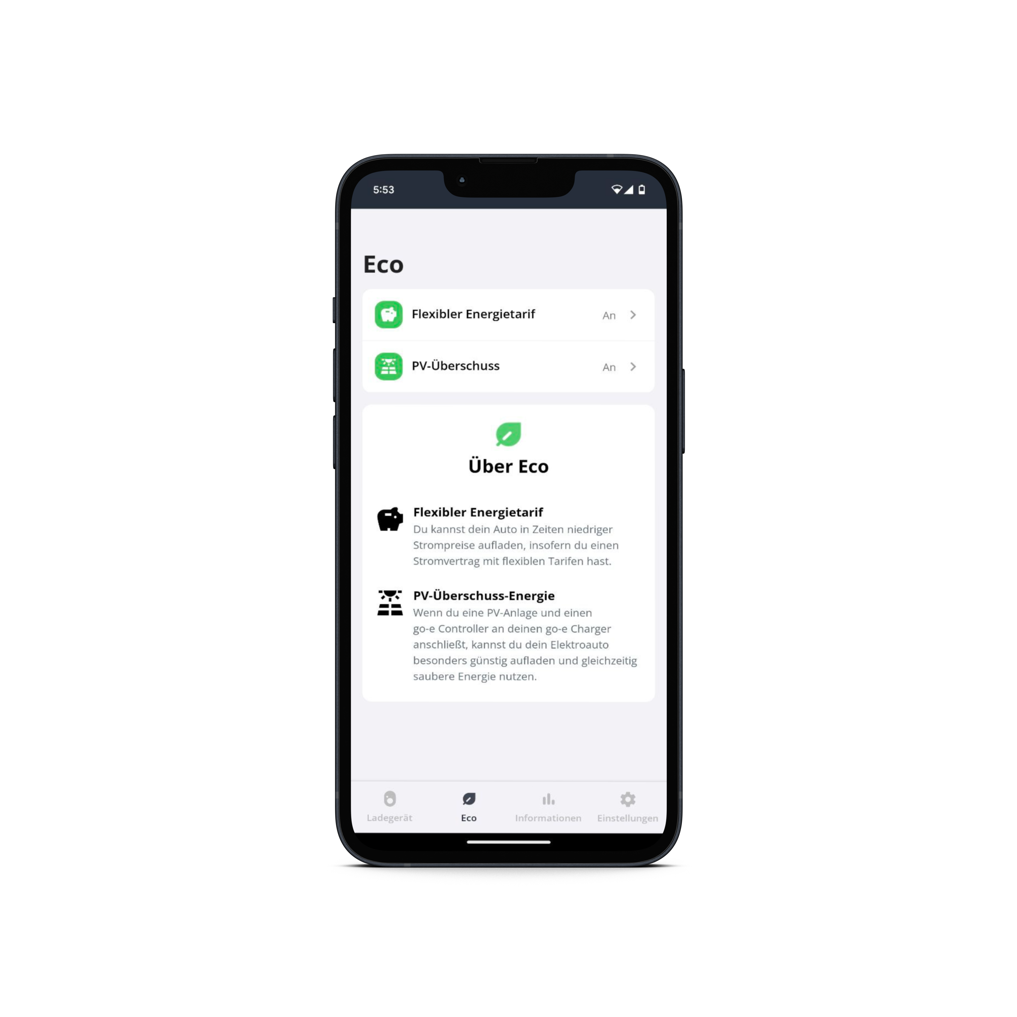 Ansicht der in einem Smartphone geöffneten go-e Ladeapp mit den Einstellungsmöglichkeiten für PV-Überschussladen und Flexibler Energietarif-Option.