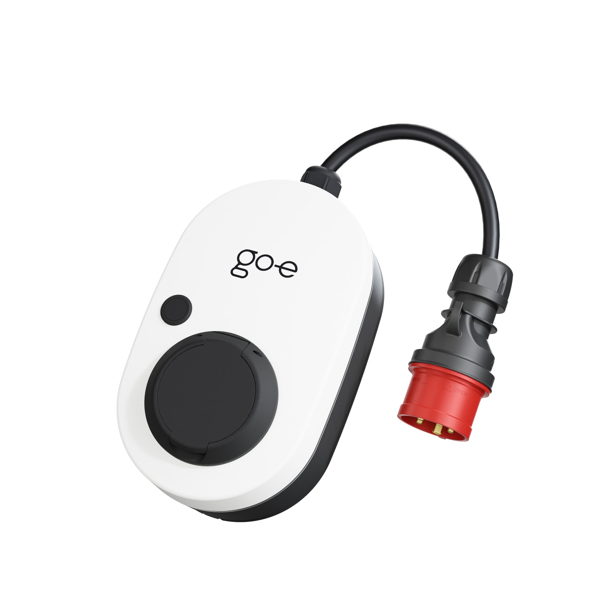 Frontansicht der mobilen Wallbox go-e gemini flex 11kW (CH-04-11-01) mit Detailansicht des CEE16A Anschlusses.